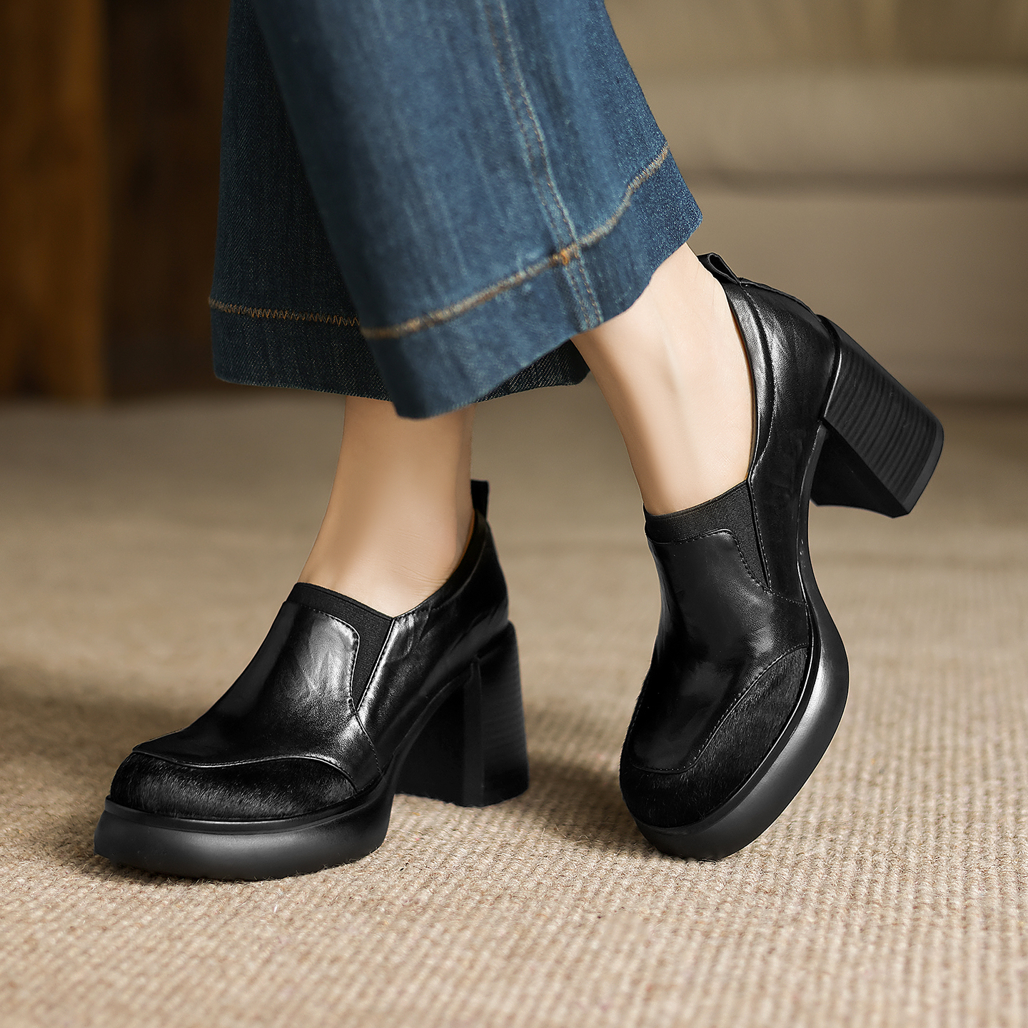 【7.5cm/牛皮+马毛】厚底真皮马毛粗跟乐福鞋新款高跟女鞋1519