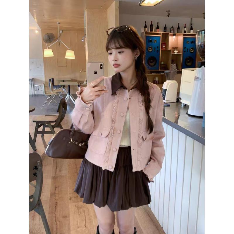 miu甜美粉色仿鹿皮宽松外套女新款撞色拼接翻领显瘦套装