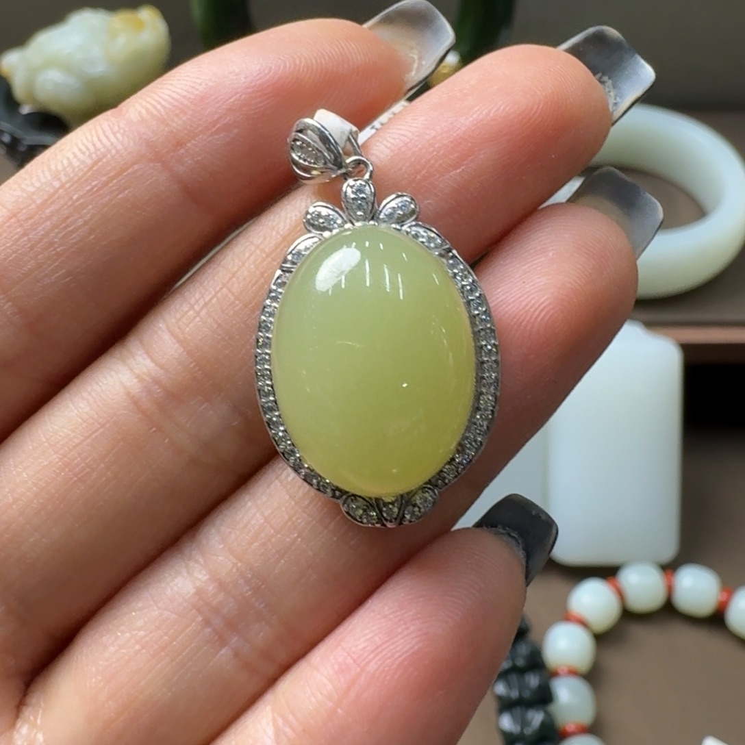 和田玉银S925镶嵌吊坠(不含链)