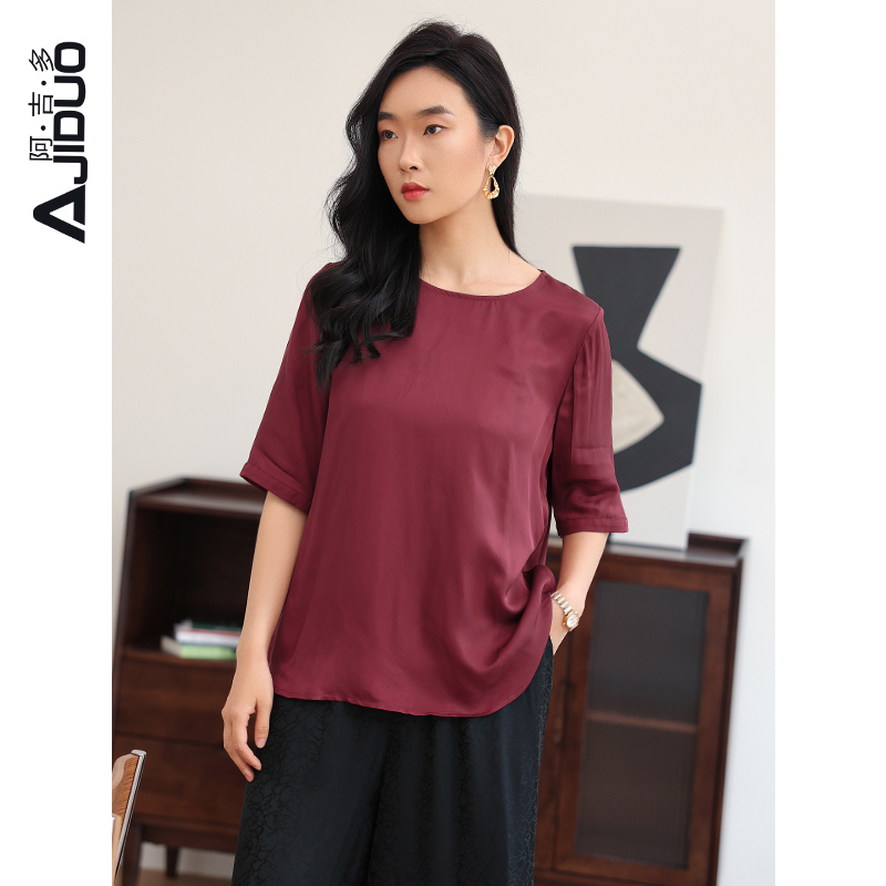 阿吉多五分袖t恤女春夏新款红色气质显白垂感圆领小衫大码上衣