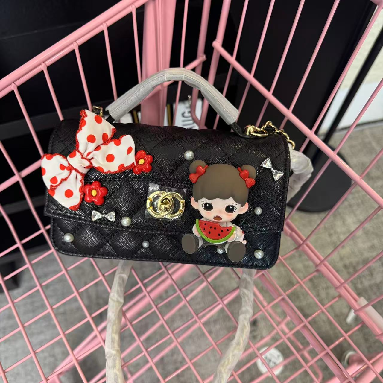 原创手工设计潮玩娃包 韩系轻奢小众设计黑色斜挎包