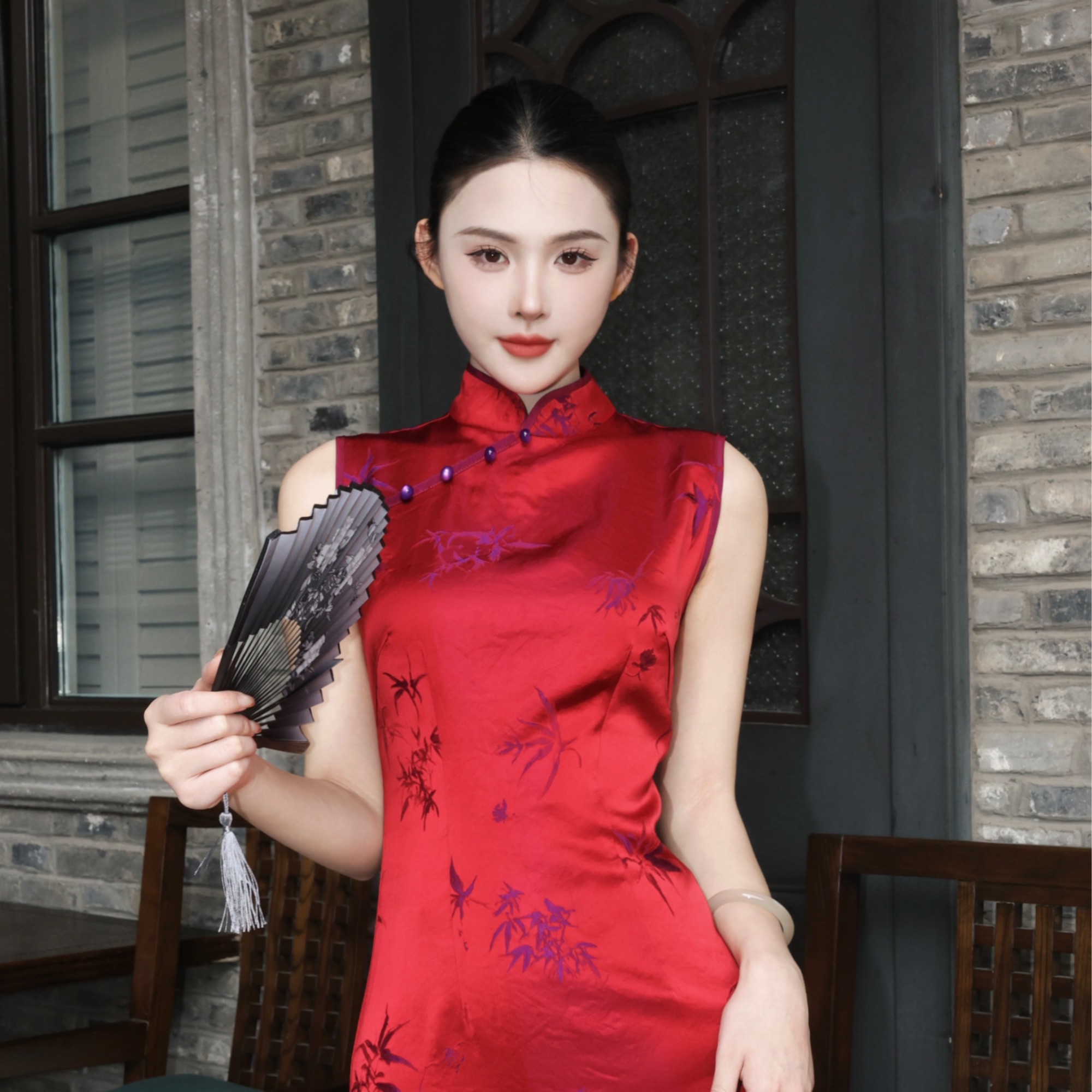Jiangyining绾绾新品缎面提花复古旗袍连衣裙Y036