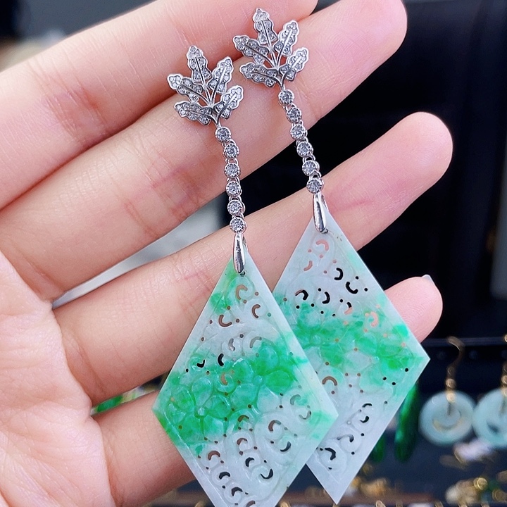 翡翠耳饰银S925镶嵌饰品