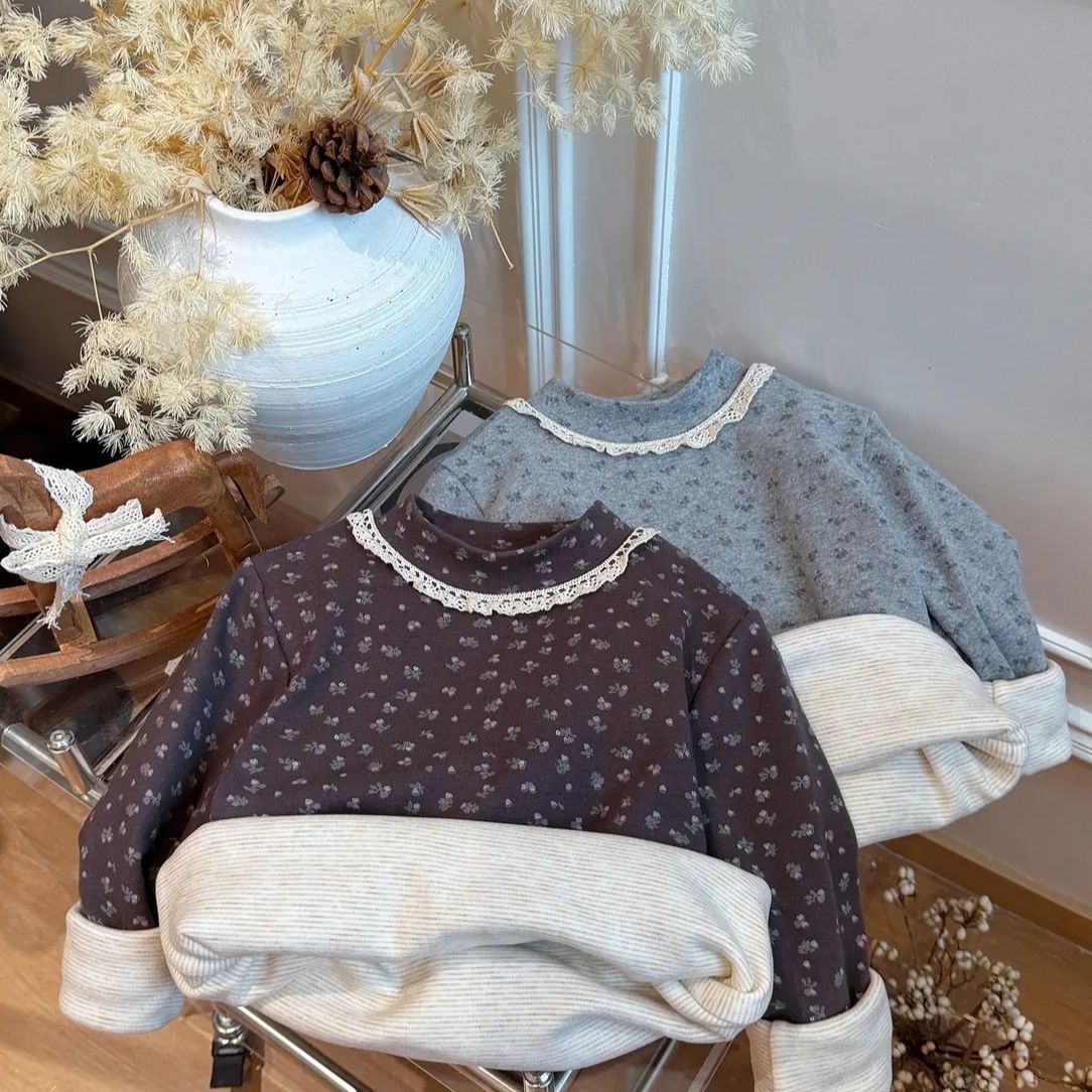 女童打底衫秋冬新款女宝宝双面绒甜美碎花上衣儿童拼接花边长袖潮