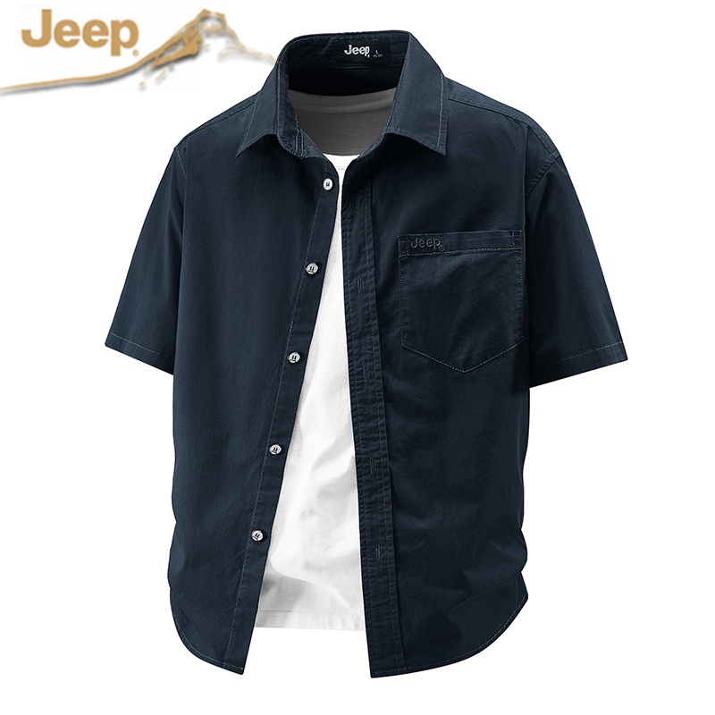 JEEP吉普官方正品纯棉复古百搭短袖衬衫夏季纯色商务休闲工装衬衣