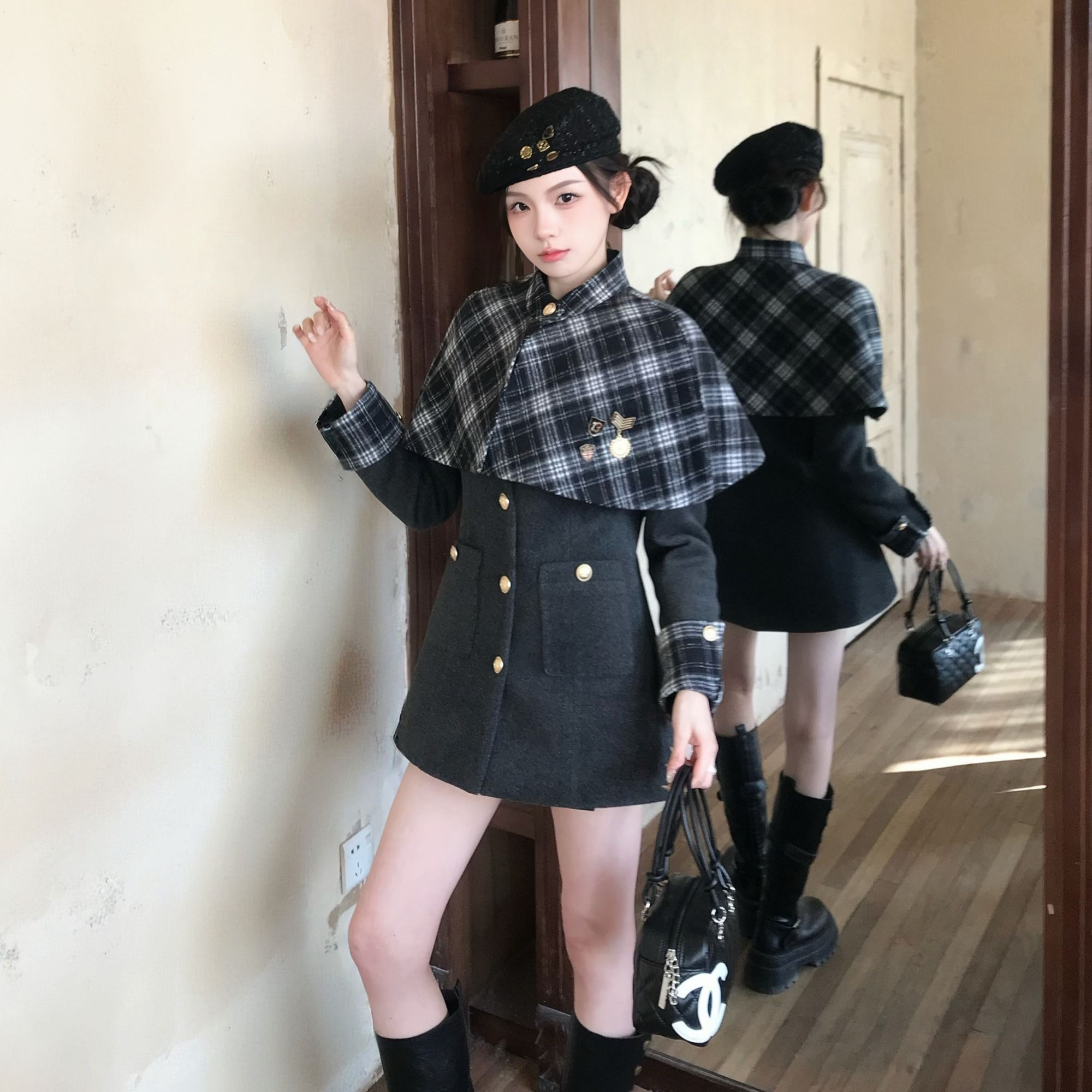 【冬装上新】冬季时尚设计感复古格纹可拆卸披肩微收腰显瘦女连衣裙