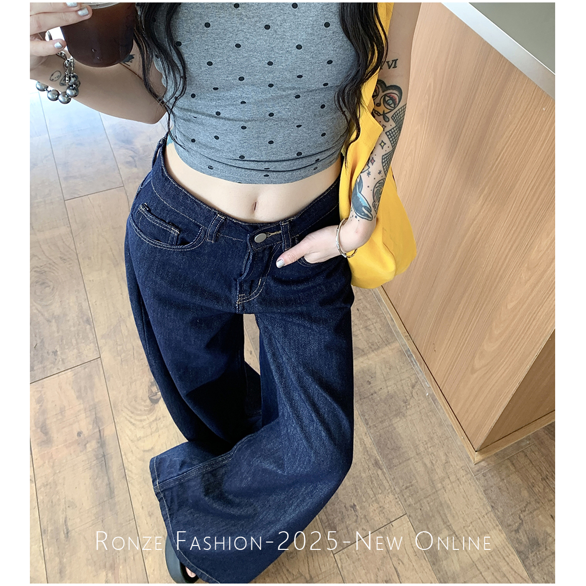 美式原牛ins风阔腿牛仔裤女百搭极简风老钱风蓝灰色加绒加厚牛仔