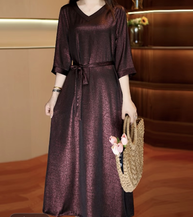 603紫棠流光 气质中长款时连衣裙百搭遮肉裙子行