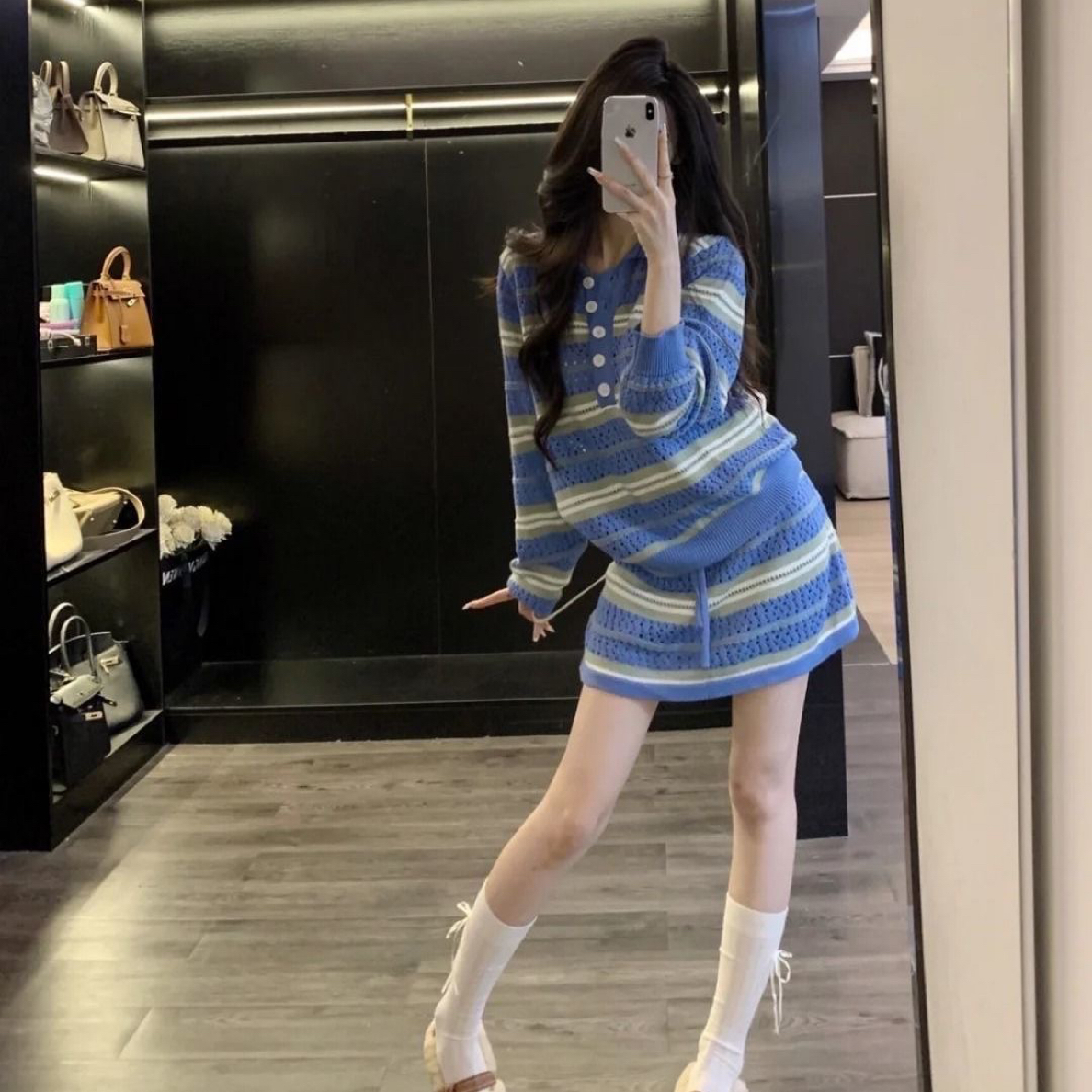 大码胖MM春秋超火小香风蓝色针织开衫短裙套装女秋季独特好看穿搭