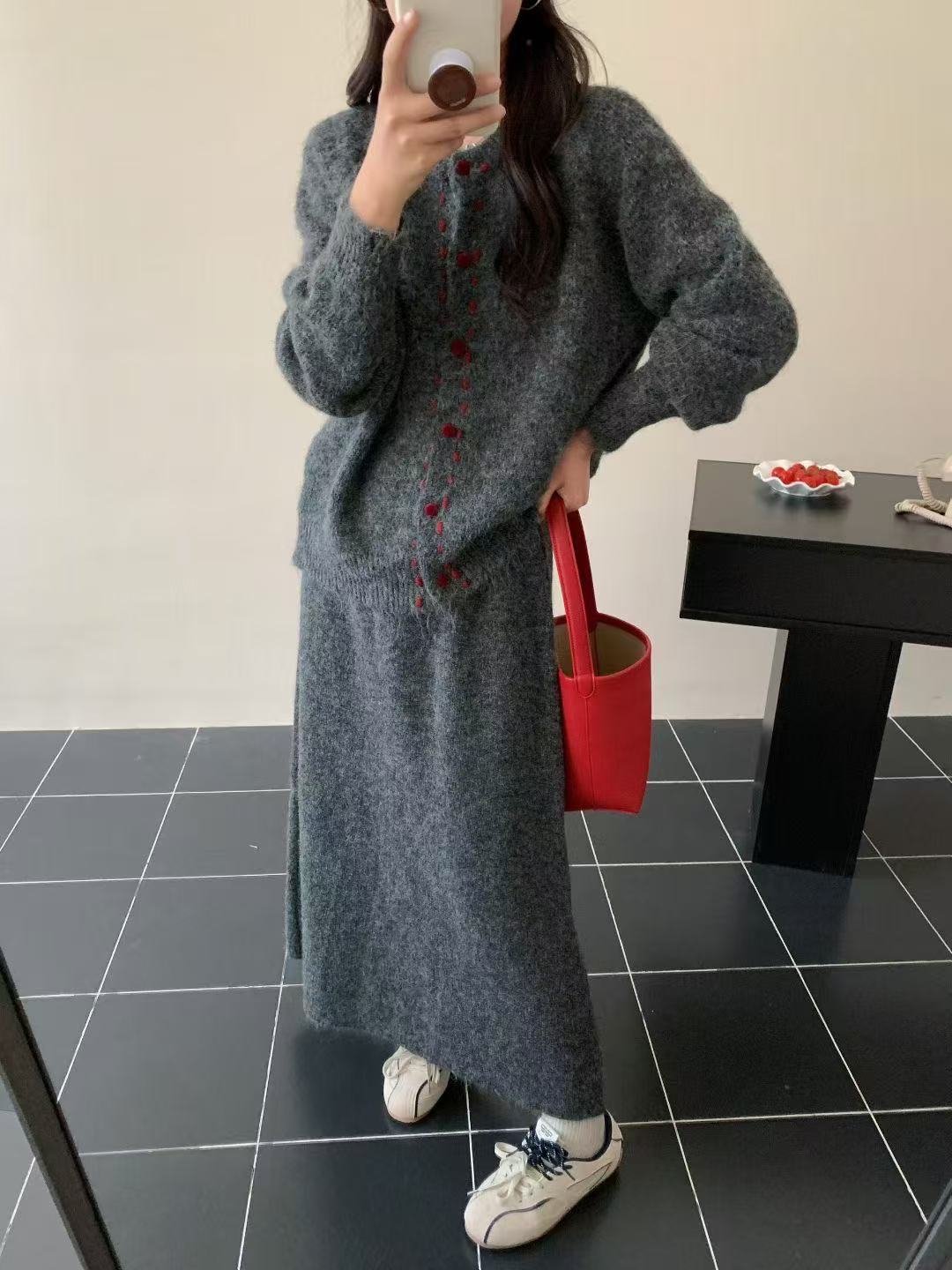 秋季新款韩系慵懒风宽松休闲毛衣外套女秋季高腰显瘦半身裙两件套