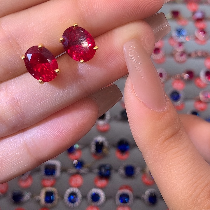 红宝石耳饰银S925镶嵌