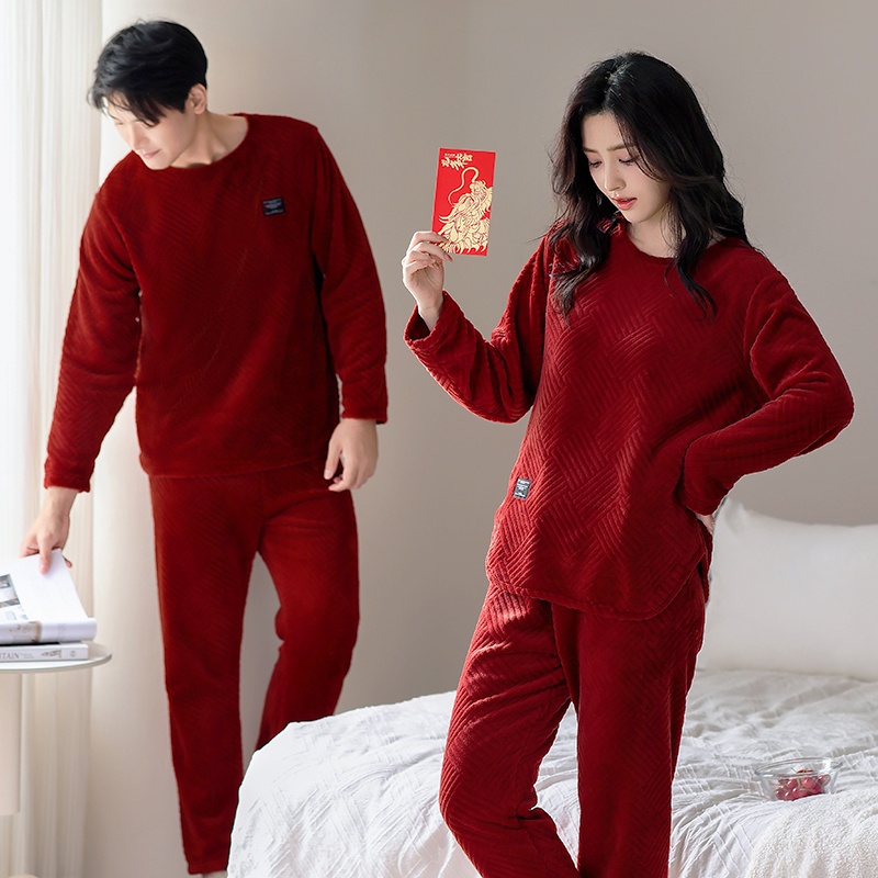 情侣睡衣秋冬季珊瑚绒结婚红色本命年加厚加绒保暖家居服新婚套装