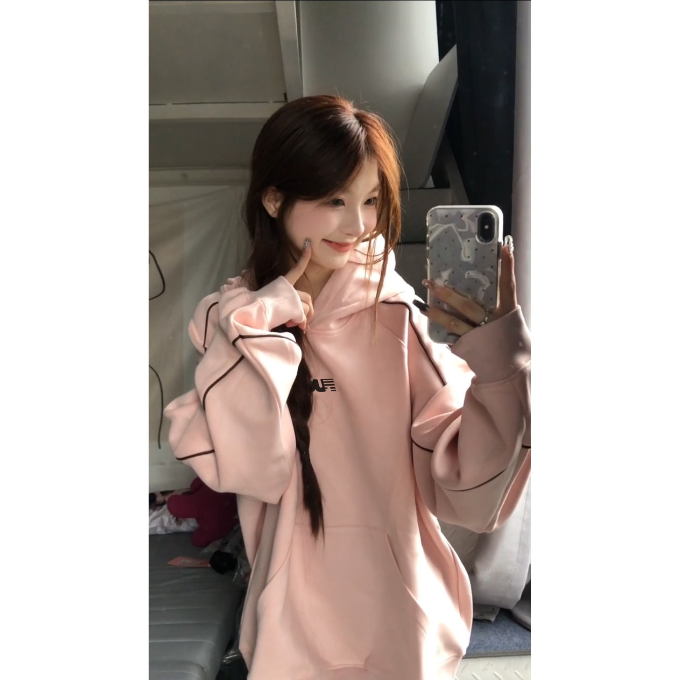 新款韩系少女风粉色连帽衫卫衣女秋冬加绒时尚印花ins风长袖上衣