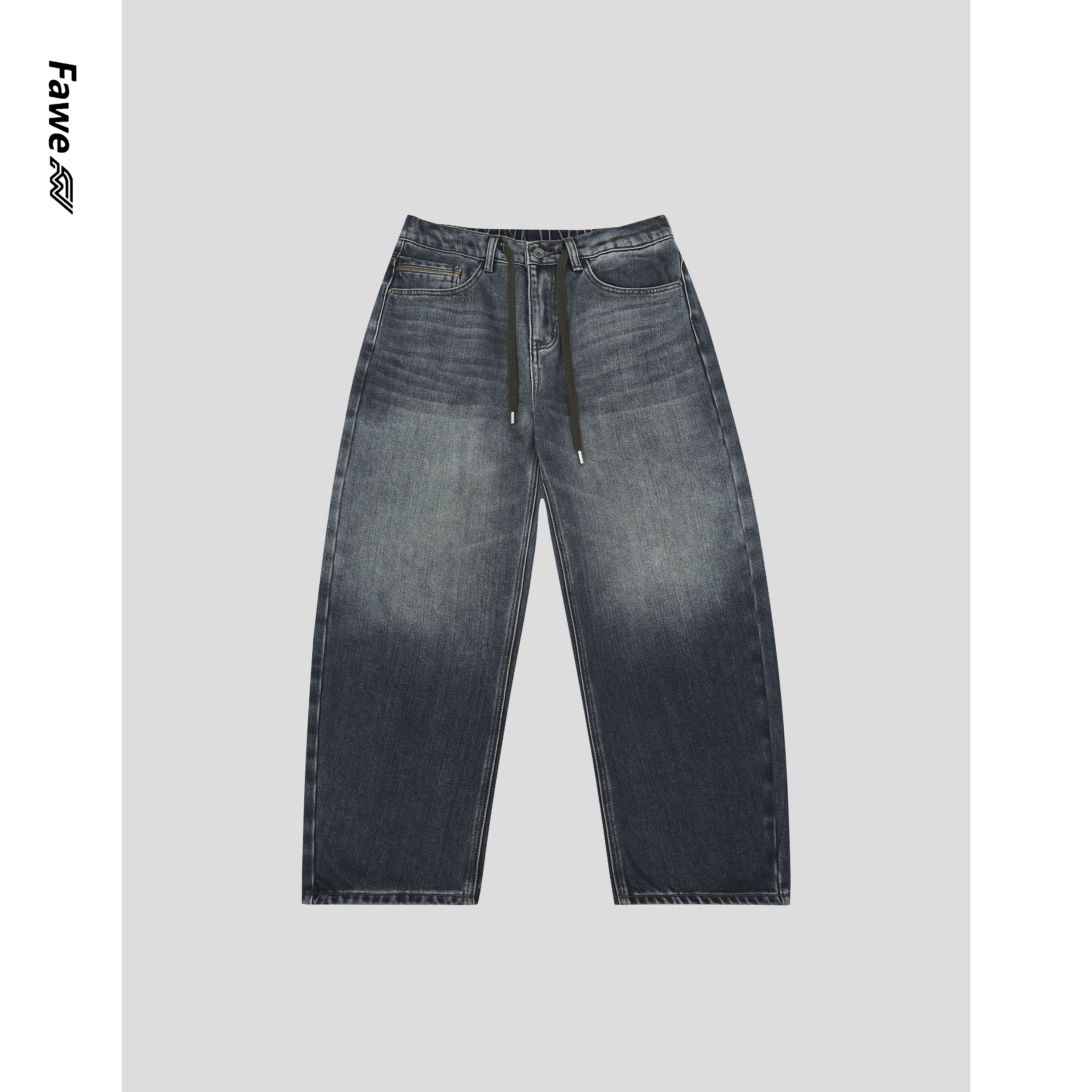 2025冬季新款男士一体绒水洗弯刀复古宽松休闲软牛仔FW3383
