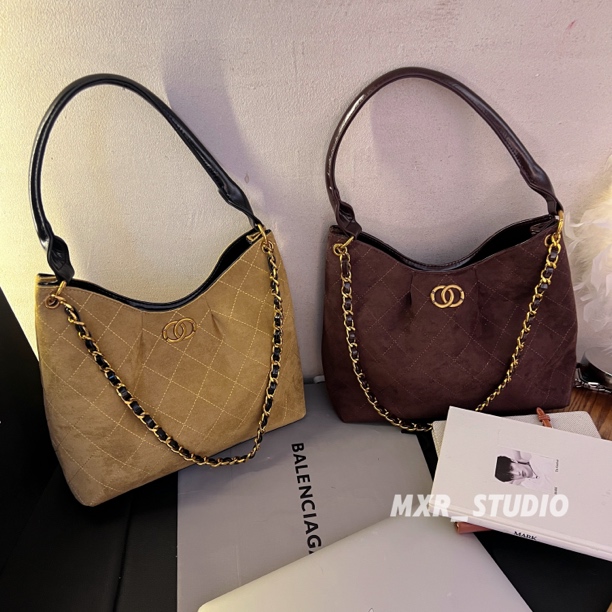 【生椰热可可】小众麂皮链条包包2025秋冬款小香风皱褶菱格腋下包