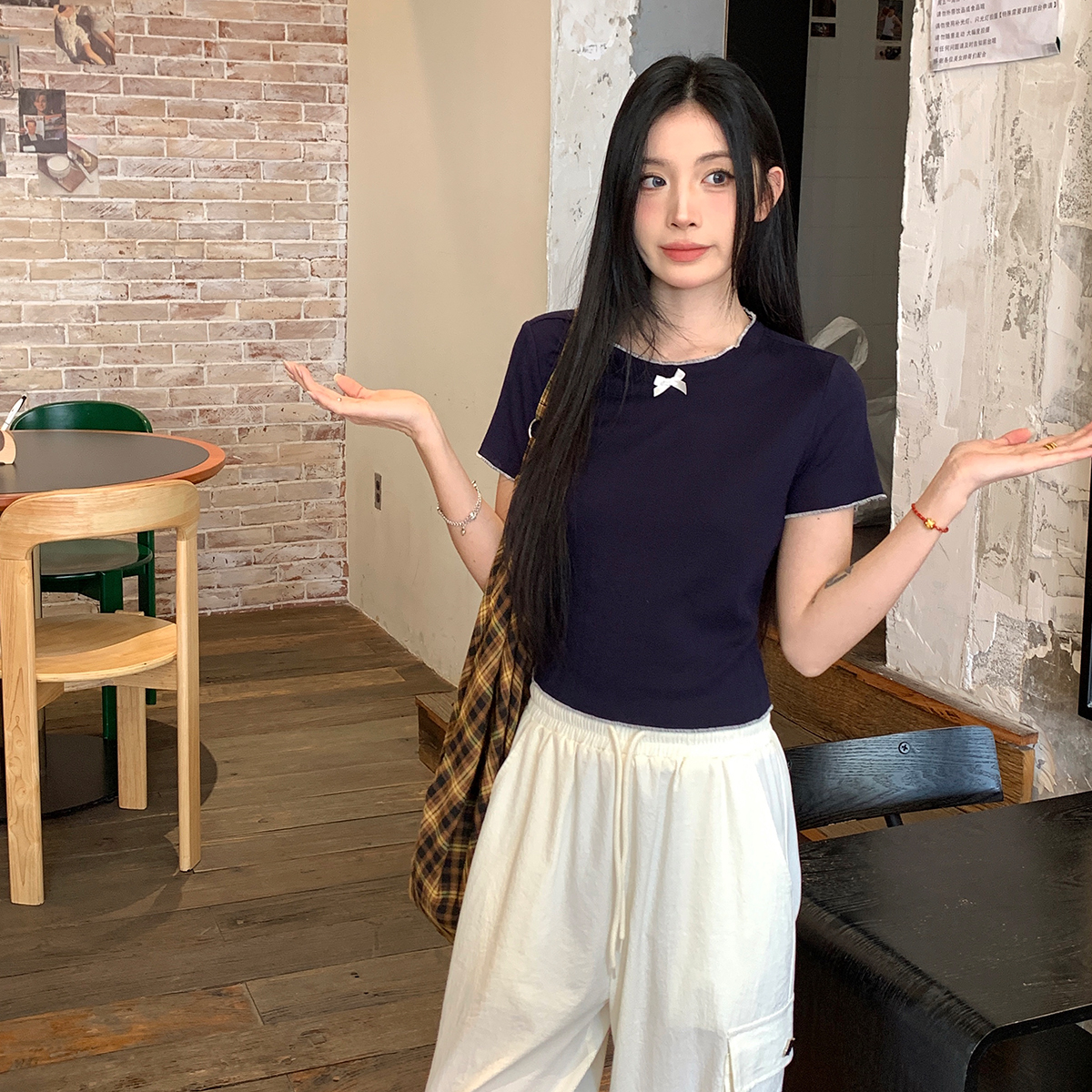 【吵吵家】撞色花边领蝴蝶结修身短袖T恤51101