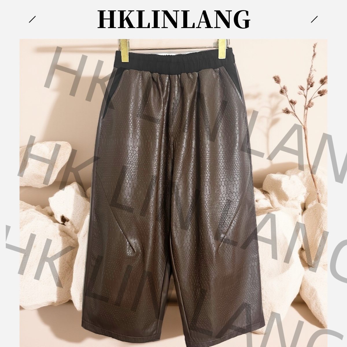 香港LinLang伦哥私定 I蛇纹系女松紧腰阔腿八分皮裤2822#