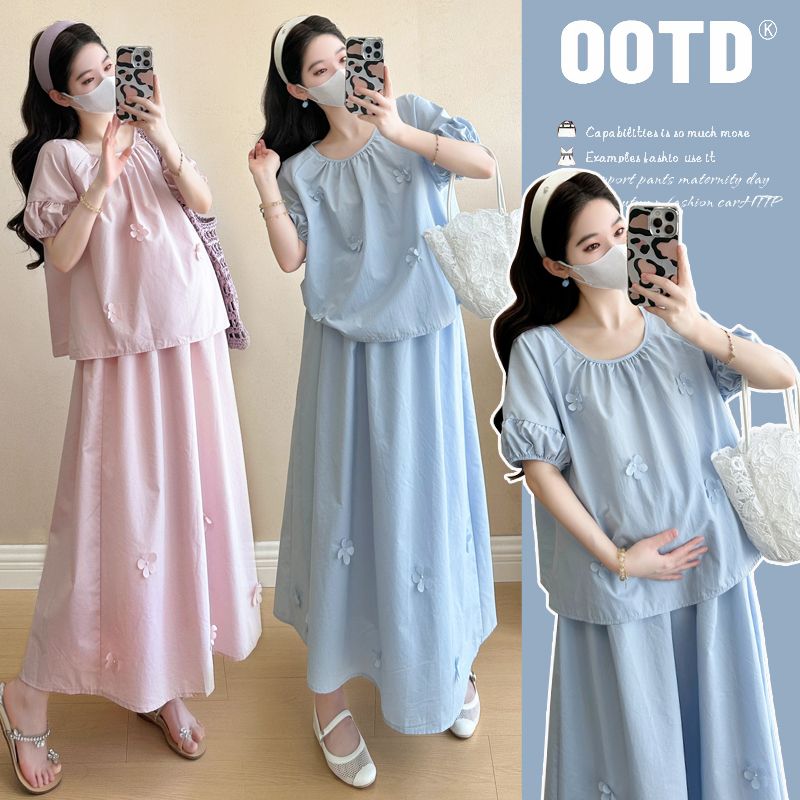 【晚媛若】2025夏季新款孕妇韩版时尚减龄短袖上衣半身裙两件套套装