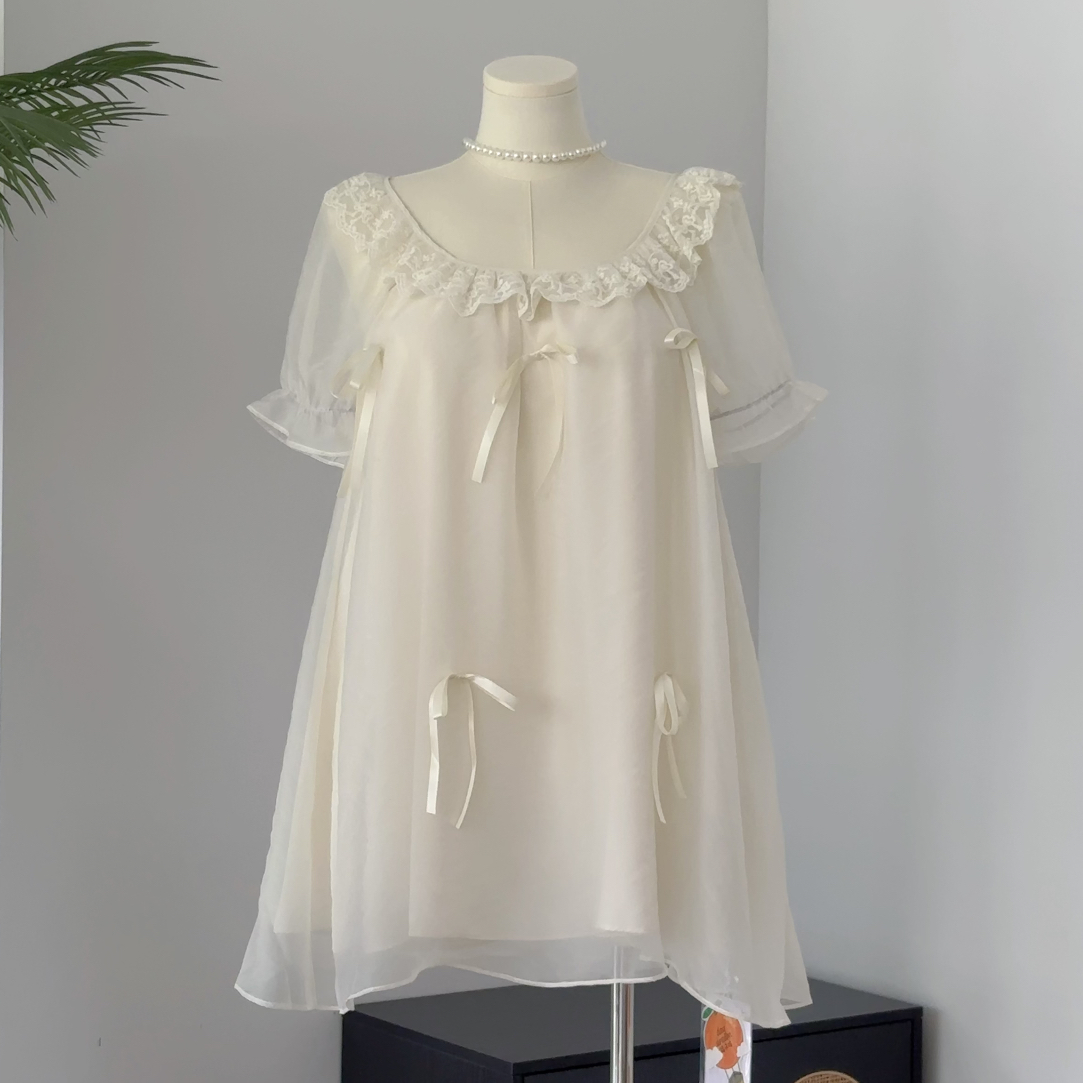 椰香浮云｜大码胖mm梦幻奶油感蝴蝶结蕾丝花边蓬蓬短袖甜美上衣