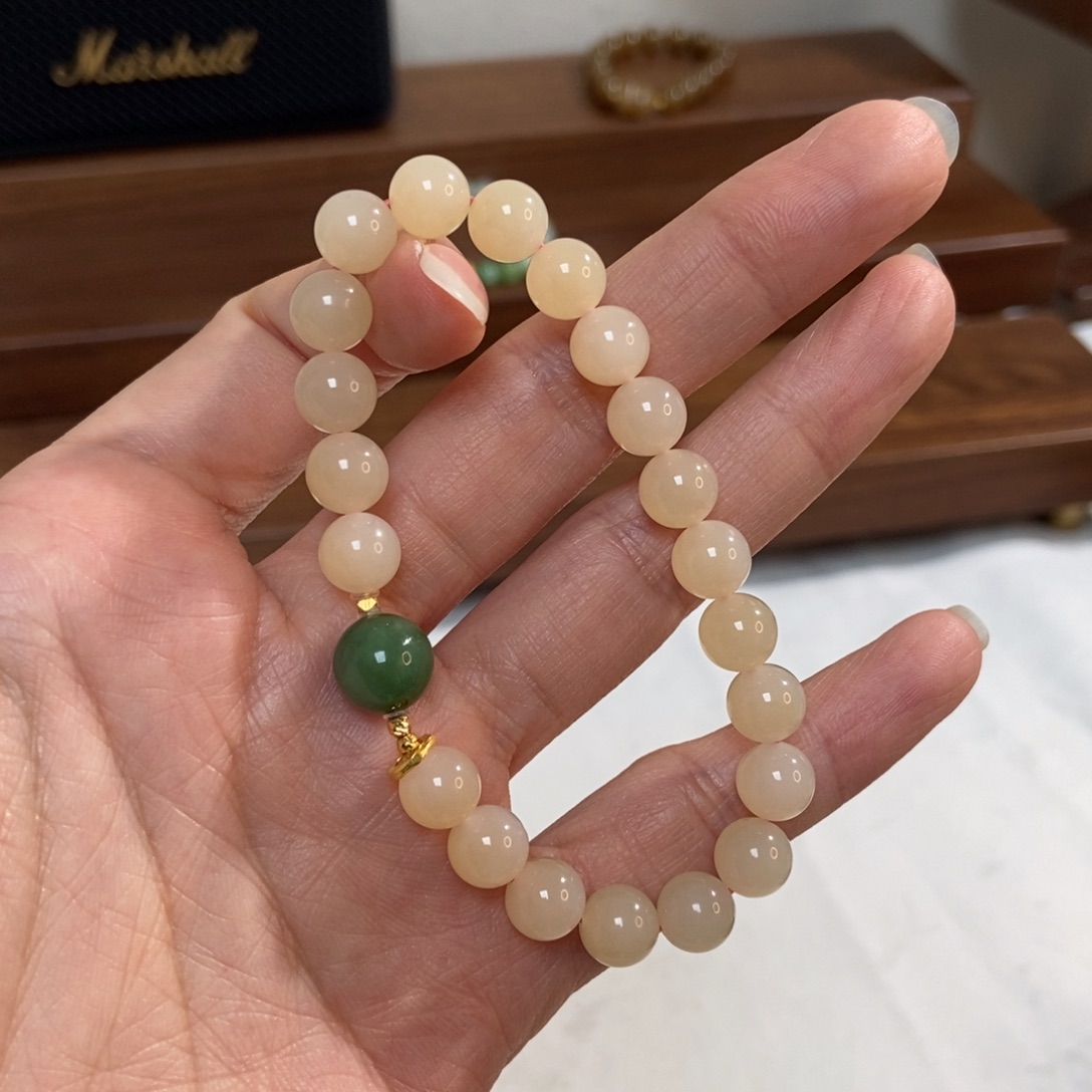 和田玉18K金镶嵌手链8mm熟藕粉精品