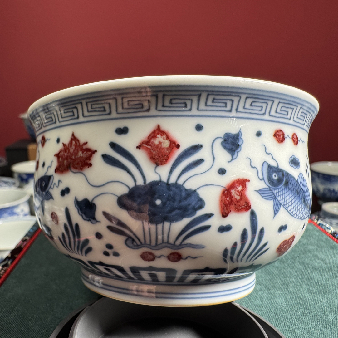 柴窑青花釉里红（不晓堂）鱼藻纹炉式杯