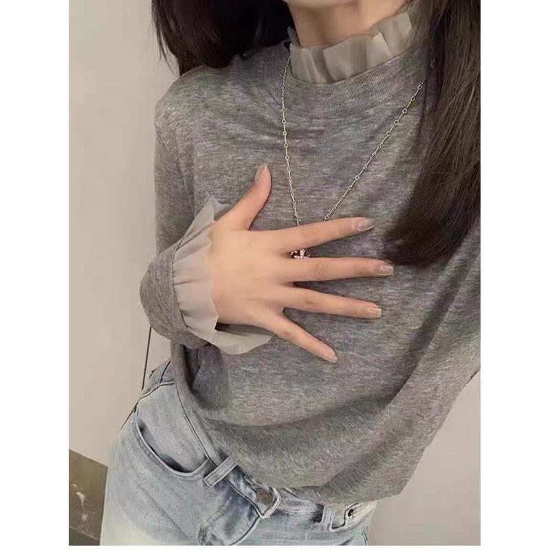 蕾丝花边圆领区肩长袖T恤女韩系小众修身显瘦打底上衣