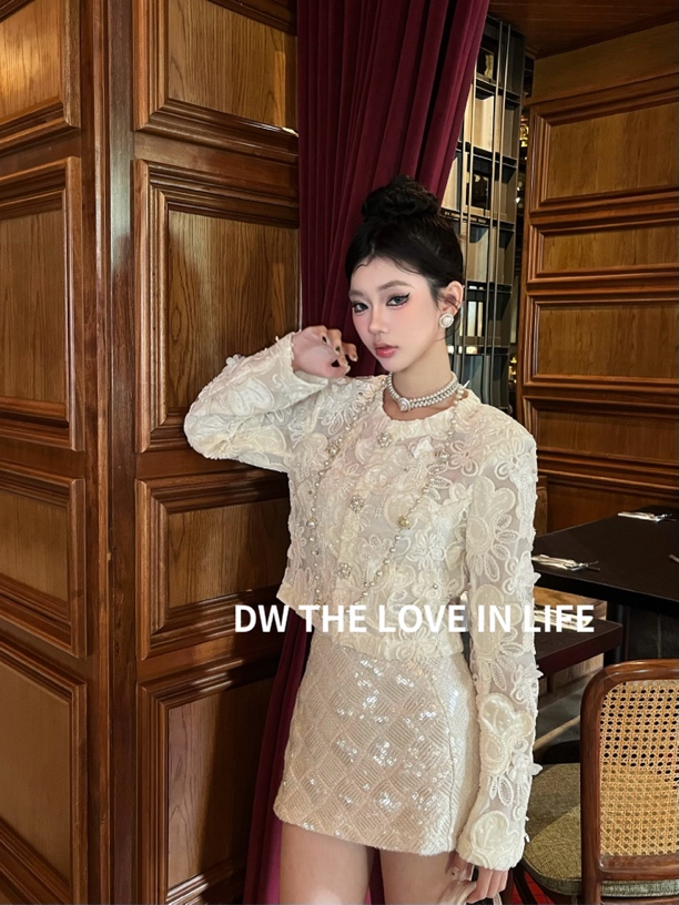 24AW//DW高定定制面料手工钉珠蝴蝶流苏香小姐外套百搭