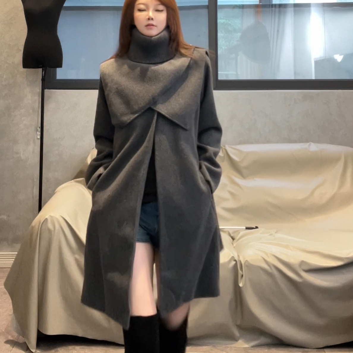 秋冬新款宽松A版型毛呢假两件大衣