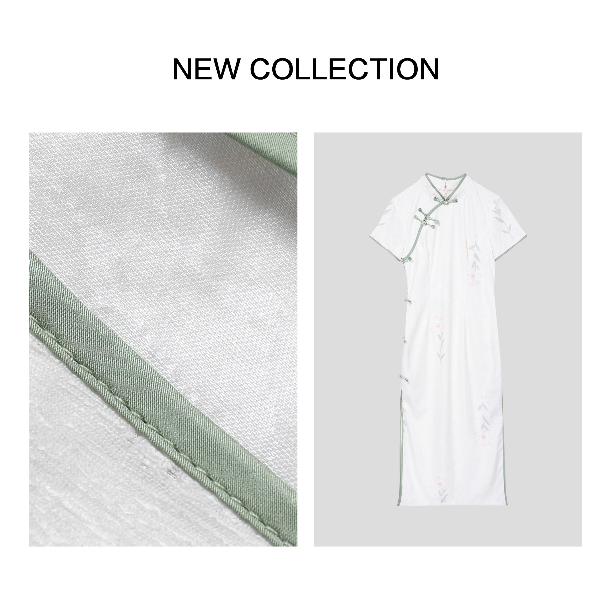 【芳芳专属】L1F28115素白镶边盘扣刺绣旗袍-8115