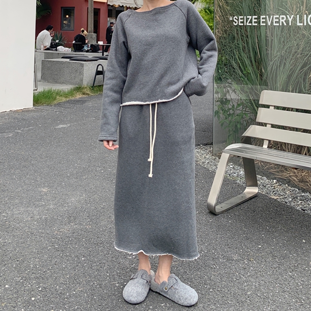 韩版加绒灰色小个子专属套装上衣半身裙