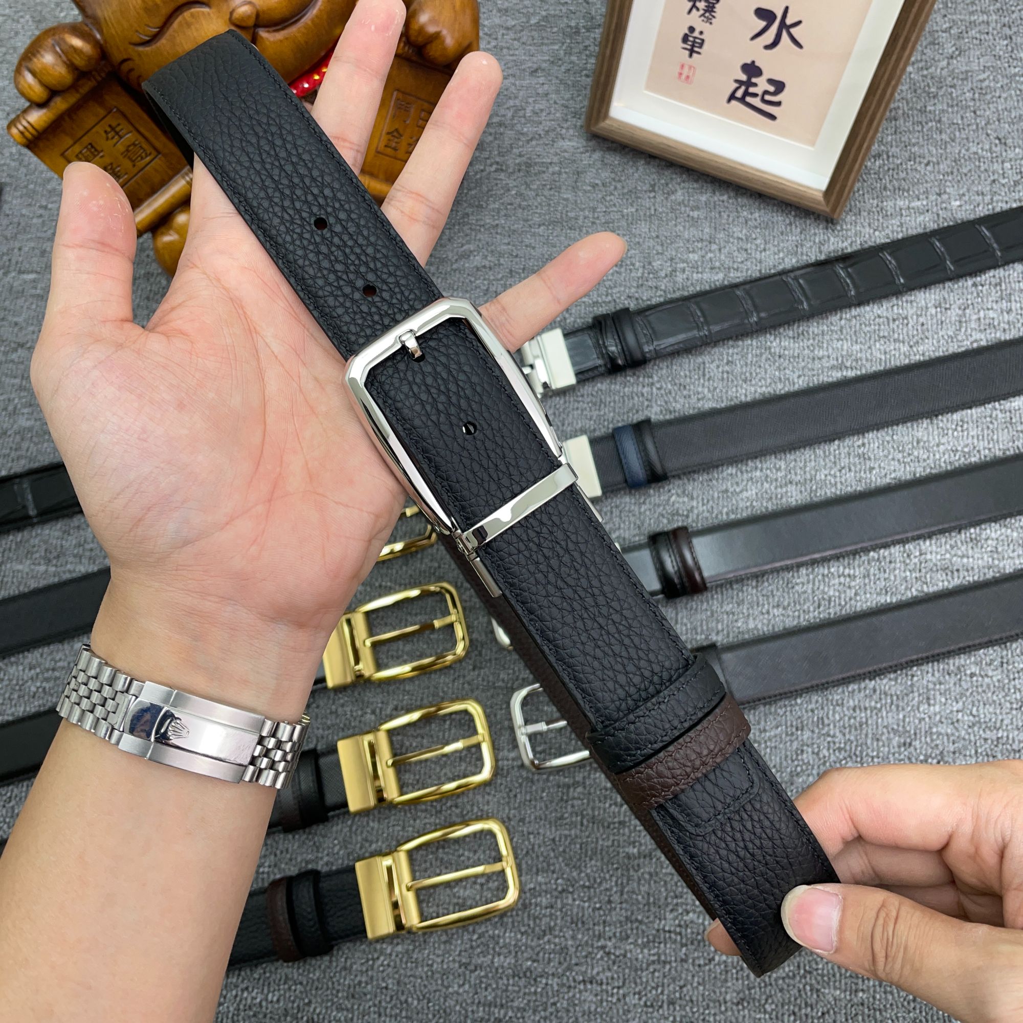 3.5cm针扣荔枝纹黑咖双面用皮带男简约商务百搭头层牛皮男士腰带