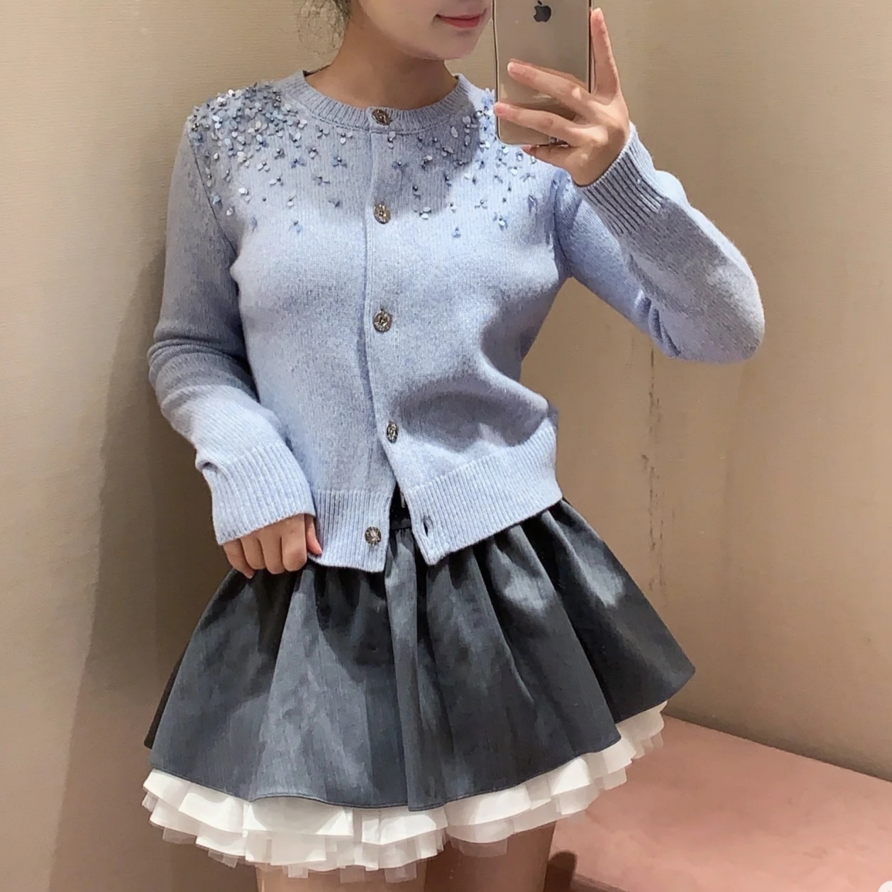 SZSALI 定制重工钉珠百搭秋季开衫长袖毛针织衫高腰半裙套装