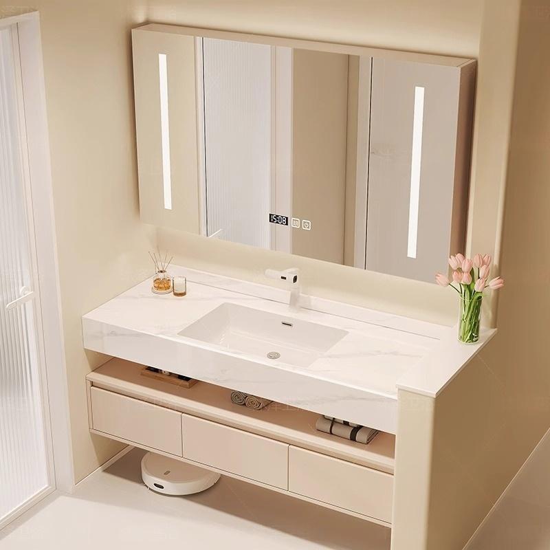 酒店风双层岩板一体盆浴室柜奶油风实木浴室柜岩板无缝盆智能镜柜