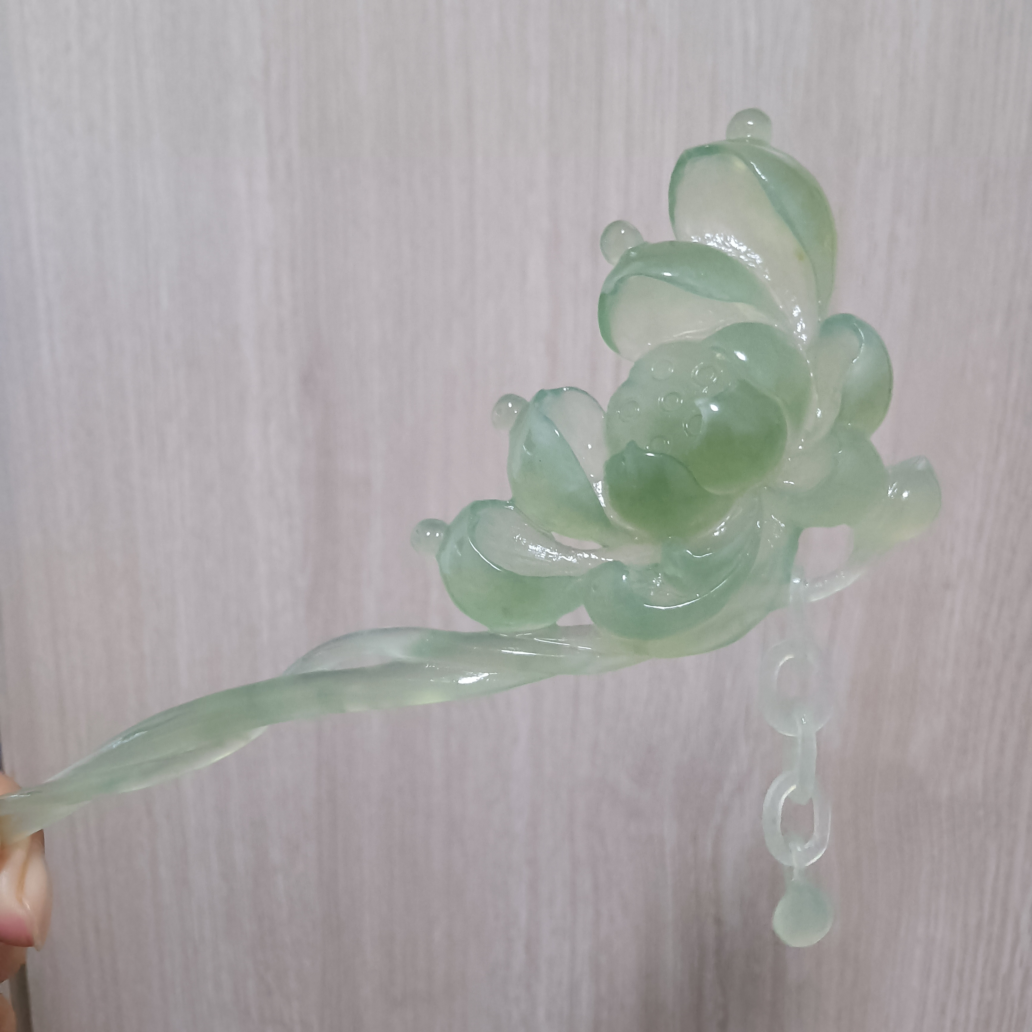 新中式莲花岫玉流苏发簪清新典雅古装盘发头饰