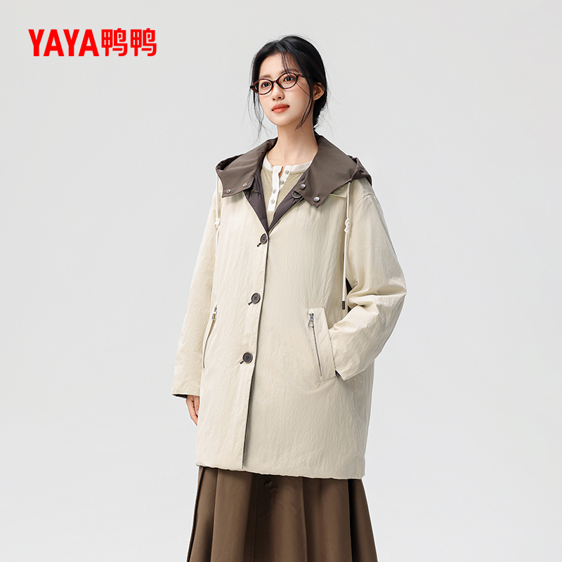 YAYA/鸭鸭羽绒服中长款女时尚两面穿设计连帽风衣外套YE5B605691H
