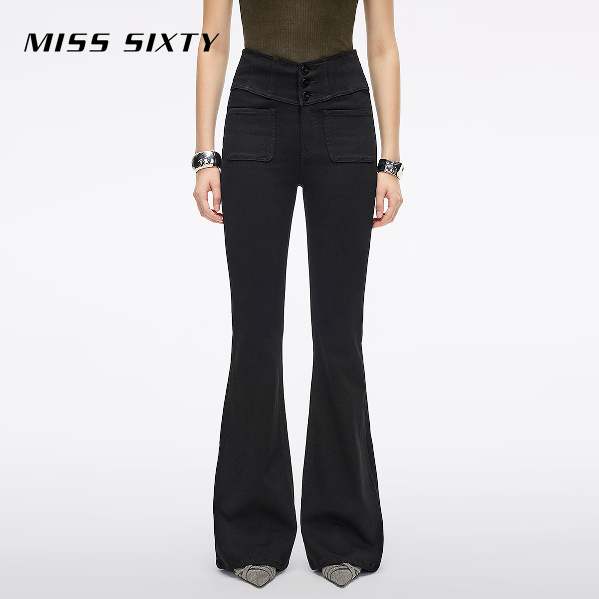 Miss Sixty2025新款牛仔裤女V型腰四面弹超模裤喇叭裤小黑裤