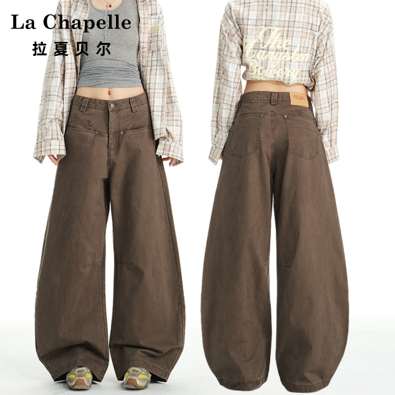 拉夏贝尔弯刀工装牛仔裤女炸街潮款高腰显瘦解构廓形百搭阔腿裤子