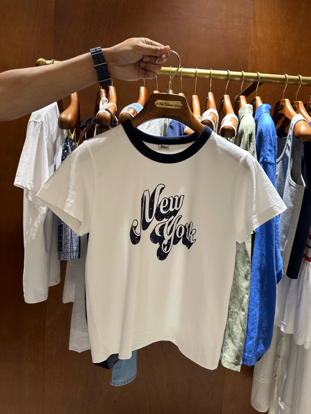 字母印花短袖拼贴/拼接圆领T恤HE