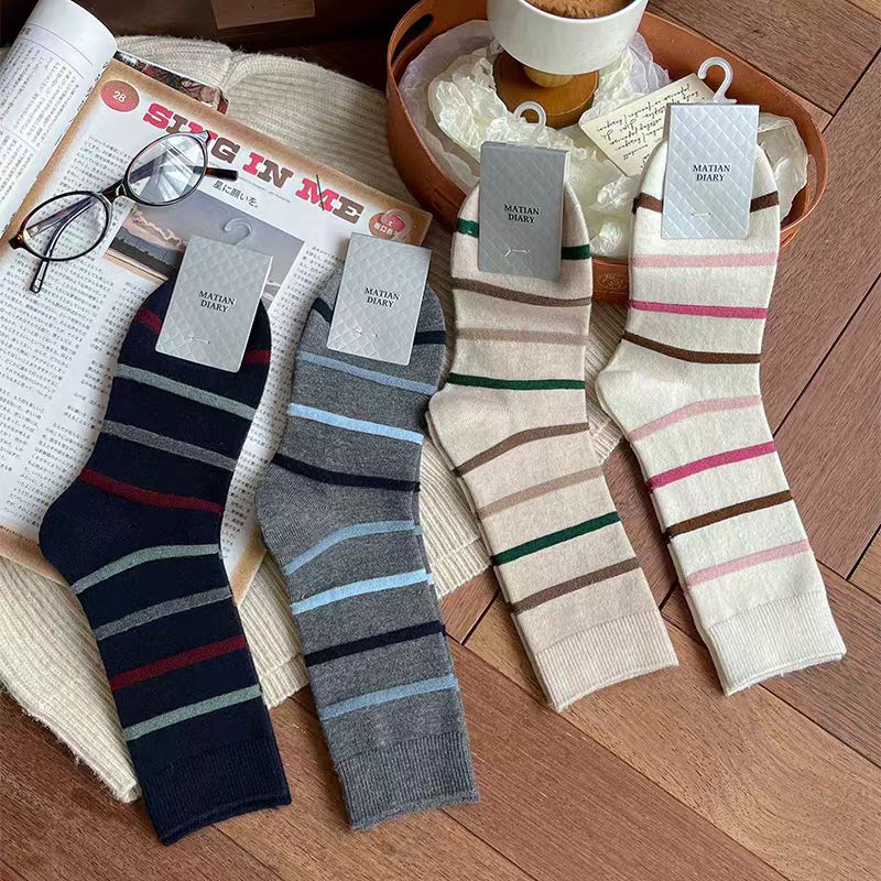 羊绒秋季森系日式中筒保暖休闲风极简风条纹女春季中筒袜