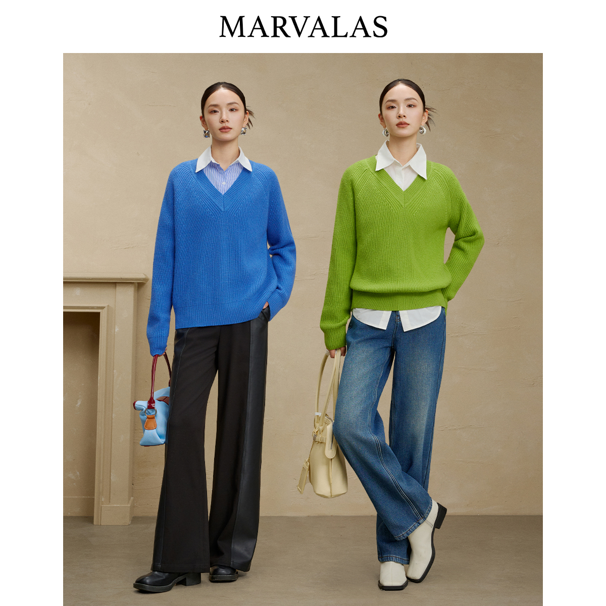 【小春子】绵羊毛混纺套头衫冬季V领毛衣时尚百搭针织衫