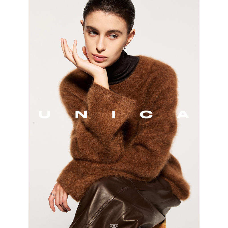 UNICA/重工羊绒拉绒拉毛梦幻氛围_轻盈云朵100羊绒圆领简约毛衣