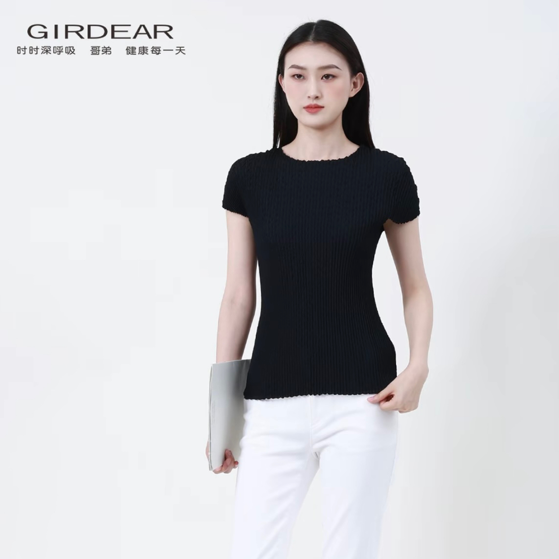 GIRDEAR/哥弟显瘦立体压褶短袖夏季新款肌理感套头衫T恤女1300706