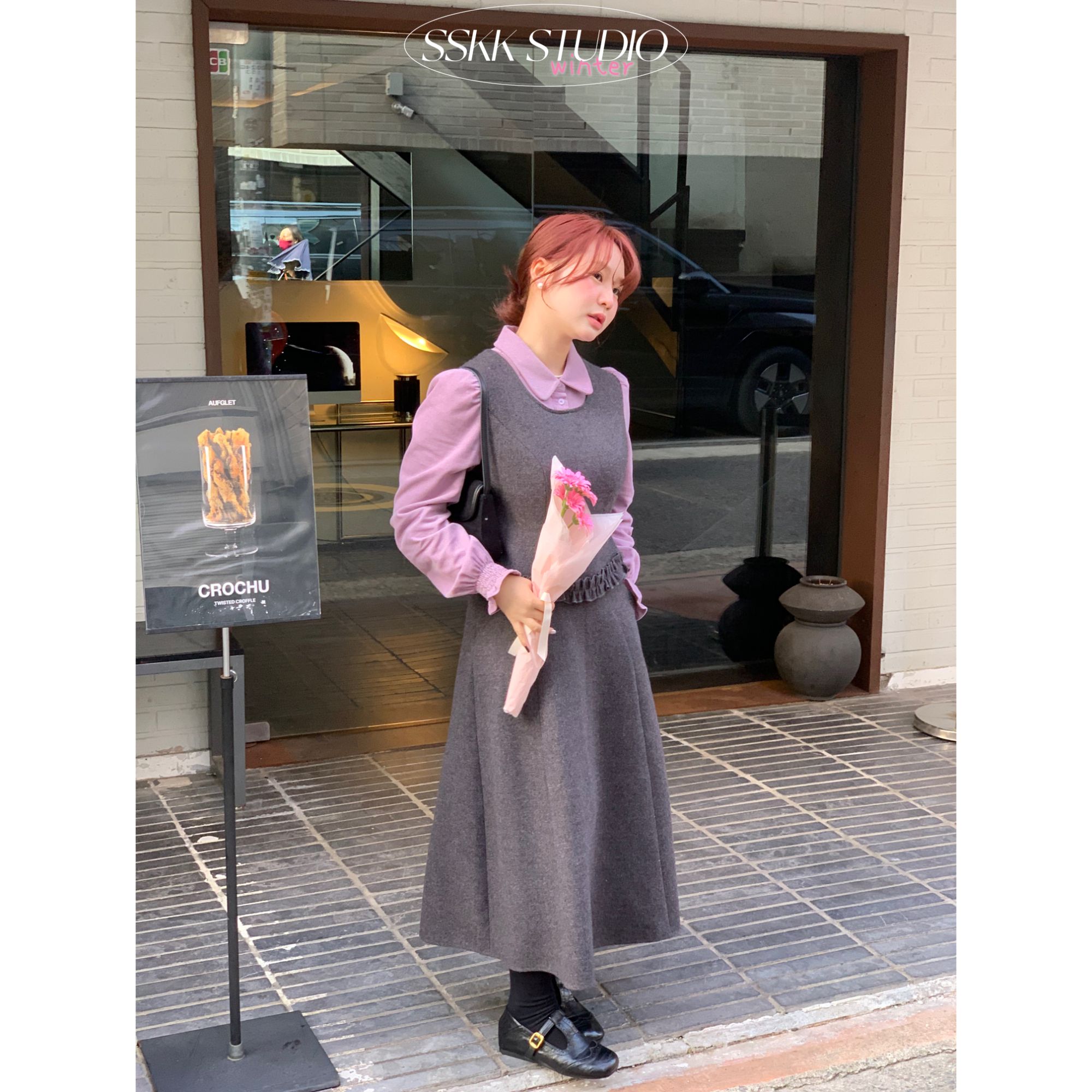 KMZY/KMZY山_山【冬日降临】微胖韩系简约假两件马甲衬衫+半裙套装