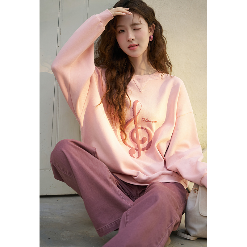 【年末大促】设计感粉色圆领卫衣女2024年韩版小个子套头上衣春秋