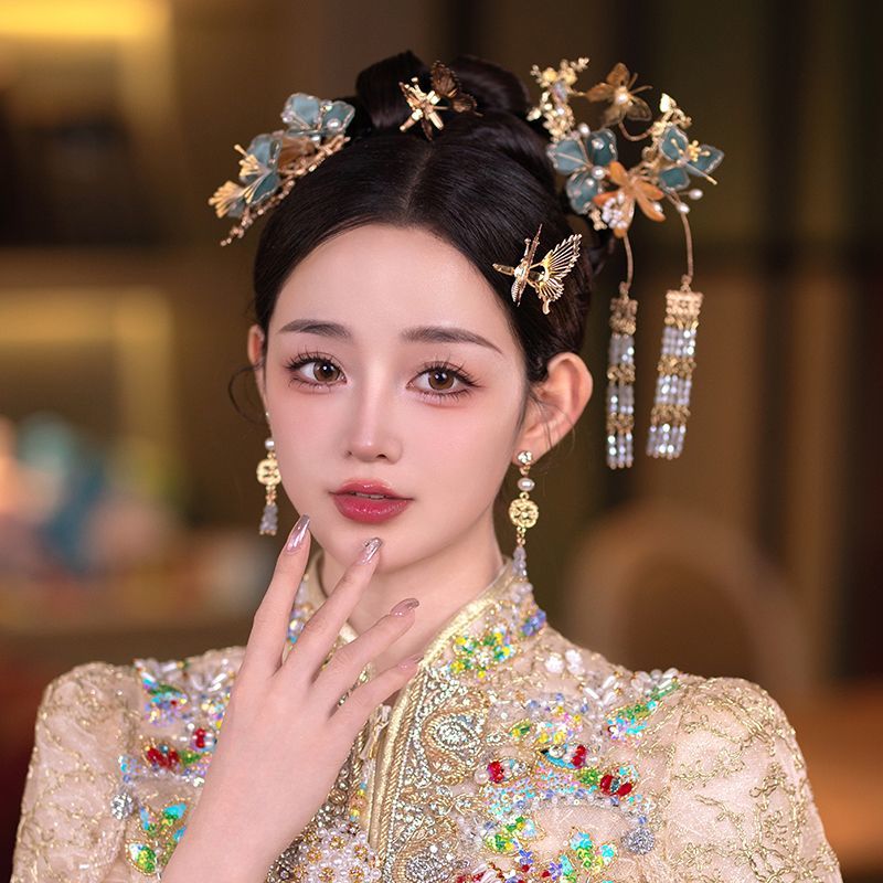 中式新款秀禾头饰古典古风秀禾服龙凤流苏蝴蝶发簪新娘旗袍饰品