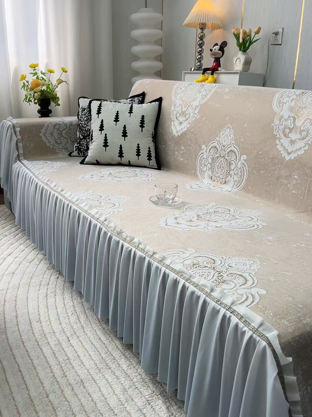 法式裙边雪尼尔沙发巾四季通用加厚防滑全盖沙发盖布