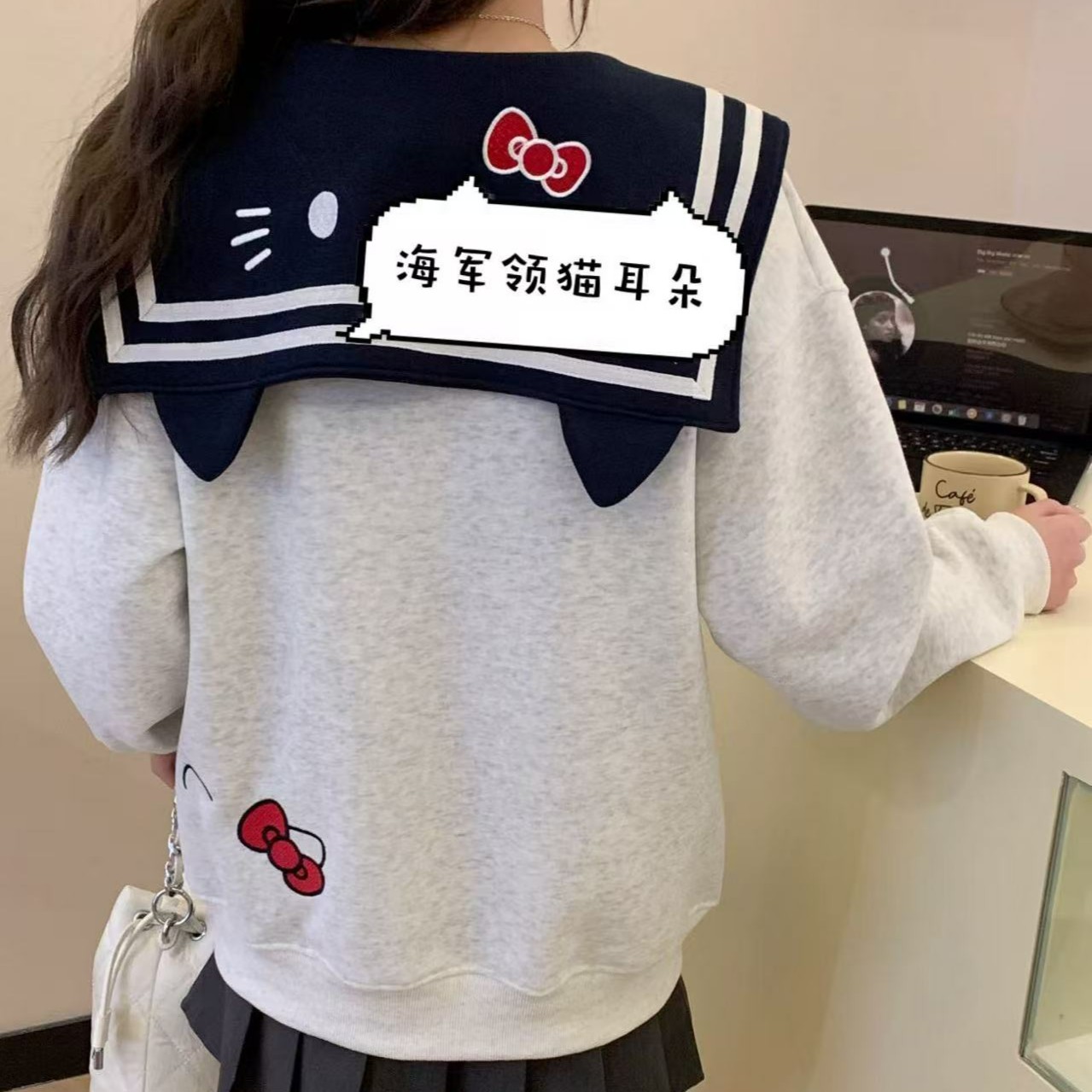 小雅姐姐  重工刺绣卡通猫咪海军领减龄半拉链休闲卫衣IM16