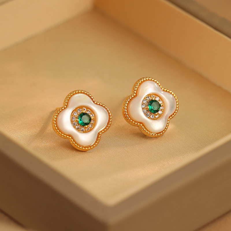 黄铜贝壳耳饰 气质复古几何贝母花朵耳环轻奢高级简约耳钉微镶锆