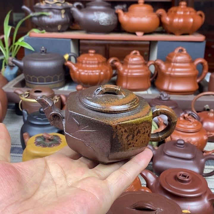 紫砂茶壶六方竹节180CC原矿老紫泥柴烧特价
