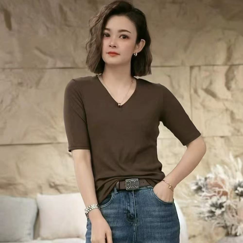 【黎诗梵】A008款韩版T恤女秋季新款纯色V领弹力显瘦中袖衣 衣约54